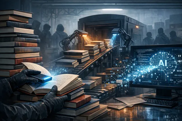 Conceptual image illustrating AI destructive scanning of books — a pile of old books next to industrial machinery and digital data streams.