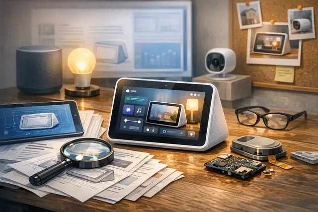 A conceptual rendering of Apple's rumored HomePad smart home hub with a 7-inch display and a HomeKit security camera in a modern living room setting.