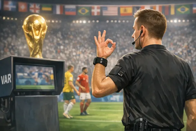 VAR official hand gesture controversy at FIFA World Cup 2026 match featuring Shaun Evans