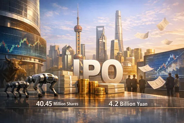 Artistic rendering of a humanoid robot against a backdrop of the Shanghai skyline and stock market graphics, representing Unitree Robotics' IPO on the STAR Market.