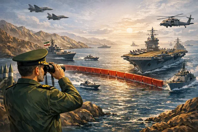 Illustration of the Strait of Hormuz during the Iran-U.S. standoff, with military vessels and tanker traffic near the Persian Gulf