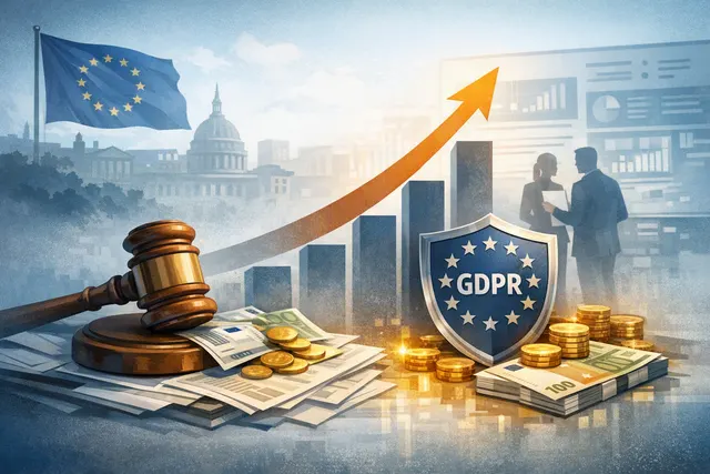 Editorial illustration of GDPR enforcement, rising fines, and protected personal data