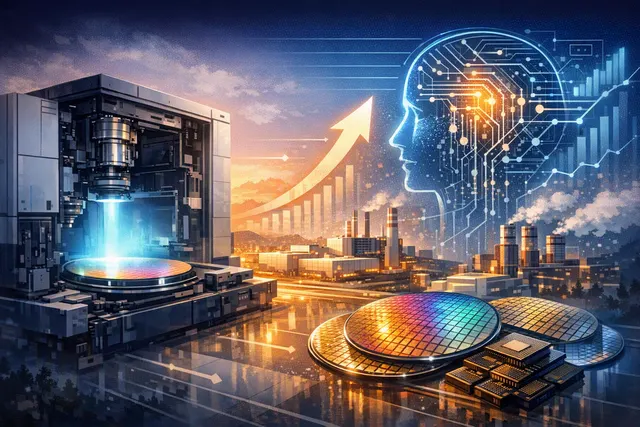 Editorial illustration of ASML EUV lithography equipment powering AI chip production