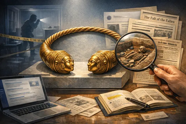 AI-generated editorial hero image representing the theft of the 2,500-year-old Celtic gold torque of the Lady of Vix from the Musée du Pays Châtillonnais