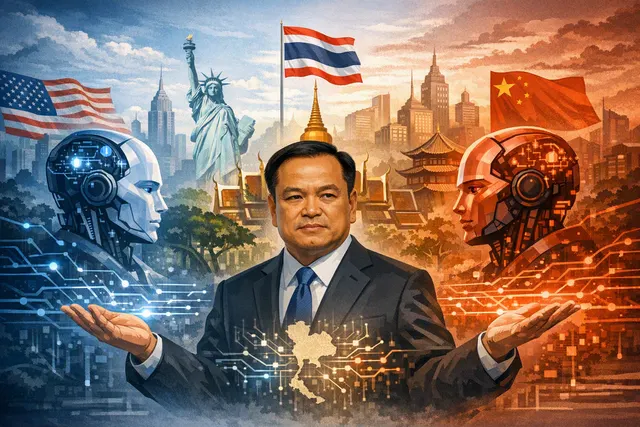 Illustration of Thailand positioned between the United States and China in a global artificial intelligence rivalry