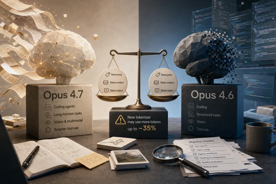 Claude Opus 4.7 vs Opus 4.6 升級成本與功能比較的抽象 AI 插圖