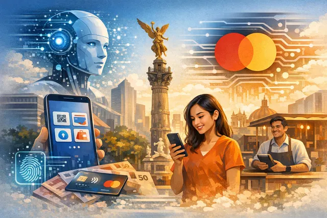 A smartphone screen showing the Mi Clip digital wallet interface with a map of Mexico and payment icons floating around it, representing the nation's shift from cash to AI-powered