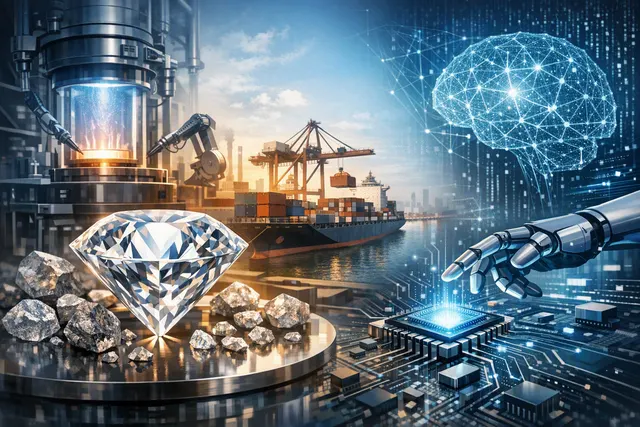 Illustration of a lab-grown diamond used as a heat spreader on an AI semiconductor chip, representing the AI boom's impact on China's synthetic diamond exports in 2026.
