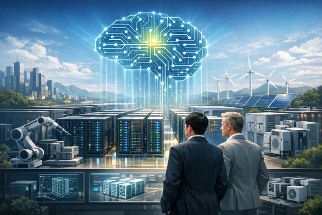 Conceptual illustration of a next-generation AI data center featuring advanced computing racks and integrated liquid cooling infrastructure.