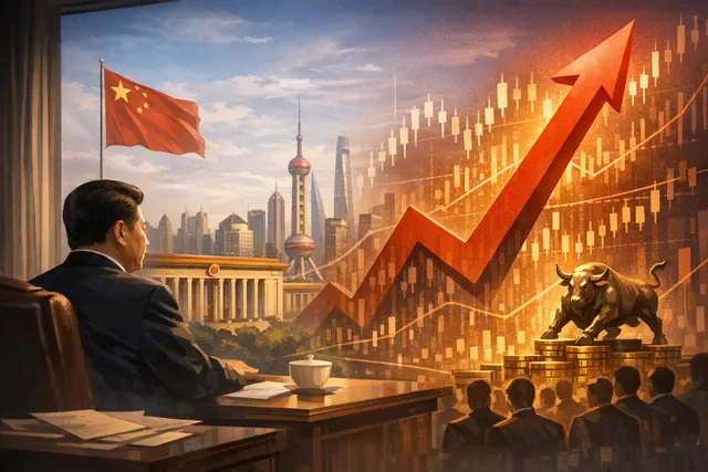 Editorial illustration representing China's stock market turbulence and the July 2026 Politburo meeting led by President Xi Jinping, with stock charts and government building image