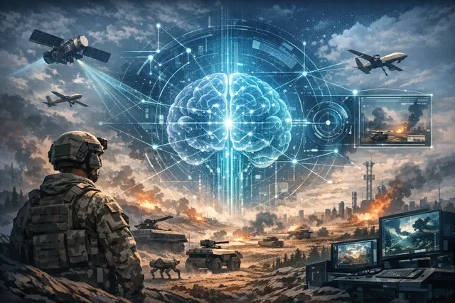 Futuristic visualization of Ukraine's AI battlefield operating system concept showing integrated data networks and autonomous systems over a combat zone.