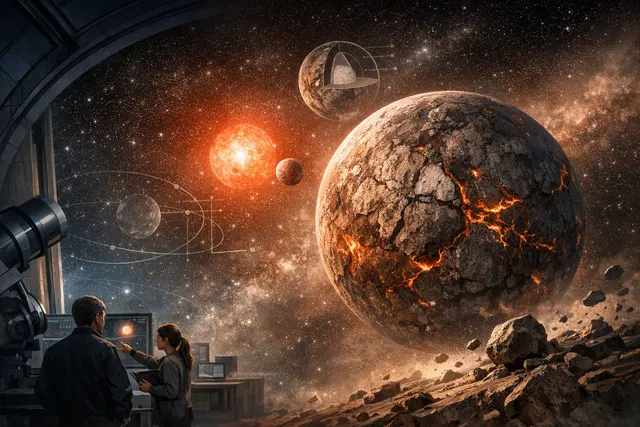 Illustration of the dense exoplanet GJ 523b orbiting its orange dwarf star