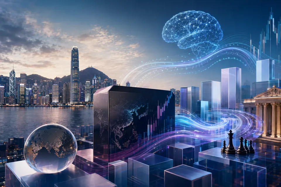 抽象金融圖表與 AI 晶片元素,象徵港股 AI 股納入恒生科技指數帶來被動資金流入