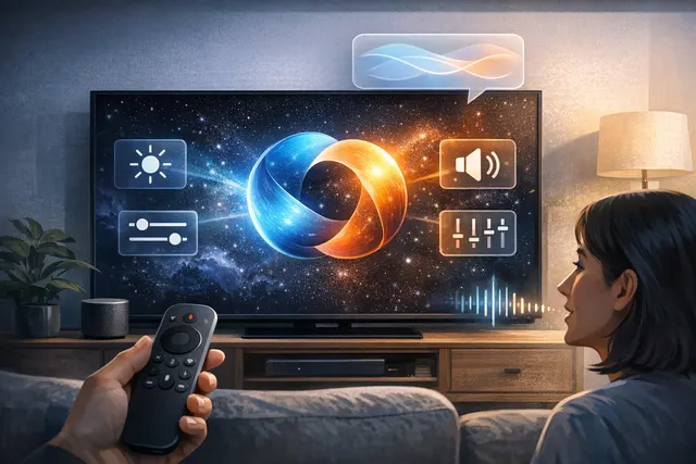 A Google TV screen displaying the Gemini AI logo and voice command interface for adjusting picture and audio settings naturally.