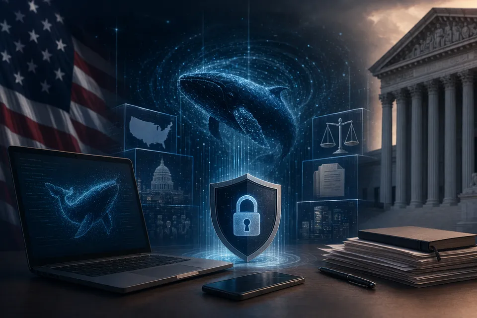 AI-generated illustration of a person weighing DeepSeek V4 privacy and work-device risks in the U.S.