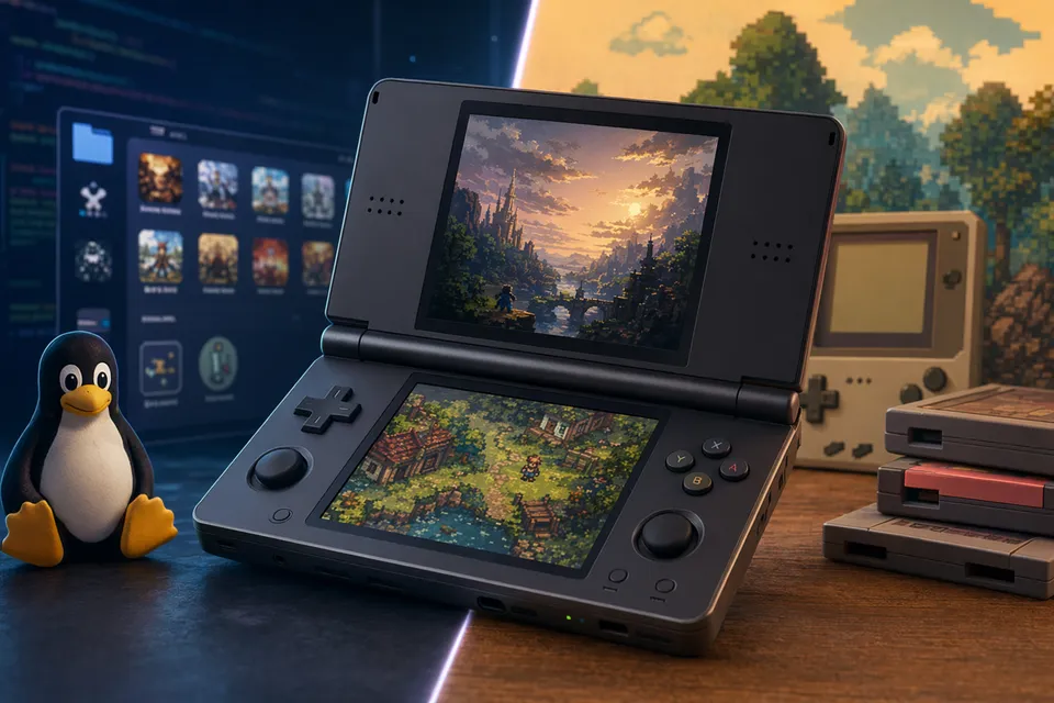 Anbernic RG DS dual-screen handheld running a Linux-style retro gaming interface
