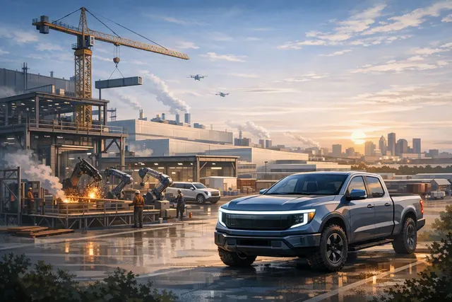 A conceptual illustration of Ford's Fathom electric truck and the new Universal EV Production System assembly process at the Louisville Assembly Plant.
