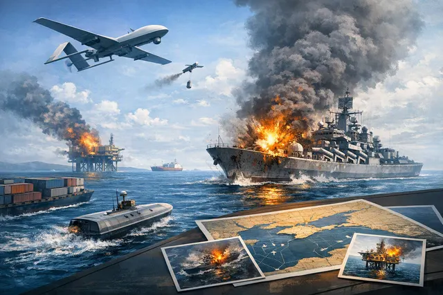 AI-generated image representing Ukraine's maritime drone campaign in the Black Sea, with drones approaching ships at sea