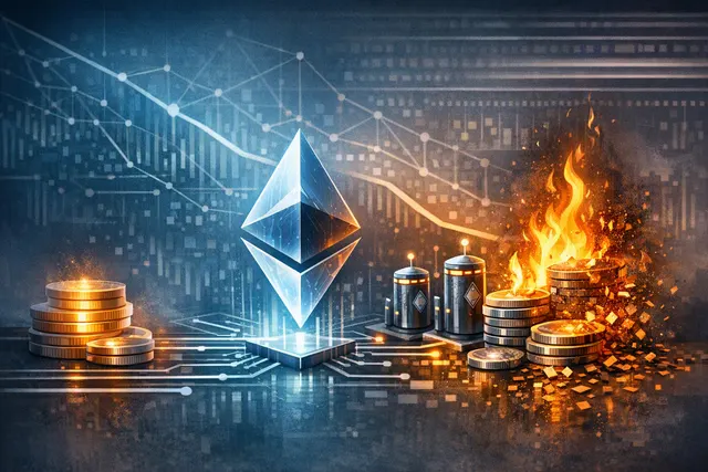 Ethereum logo and financial charts representing staking yield debate