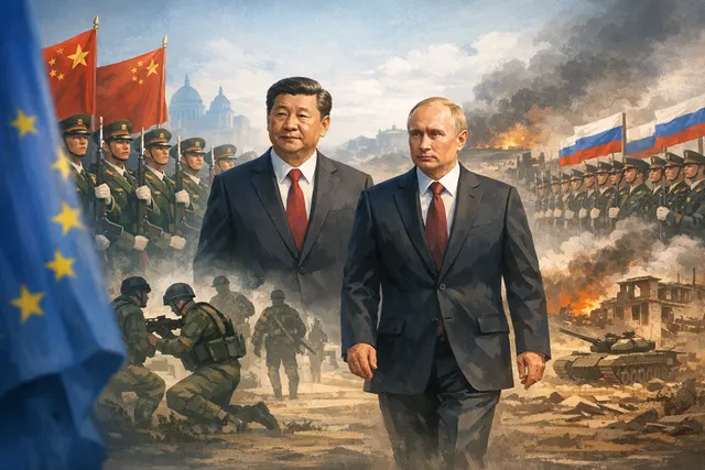 EU and Chinese flags divided by a drone silhouette over a map of Europe and Ukraine, with rare-earth minerals visualized as glowing supply-chain links breaking apart.