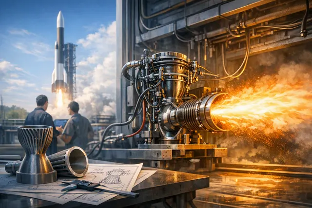 AI-generated conceptual image of a metallic 3D-printed rocket engine combustion chamber with visible cooling channels, against a dark background