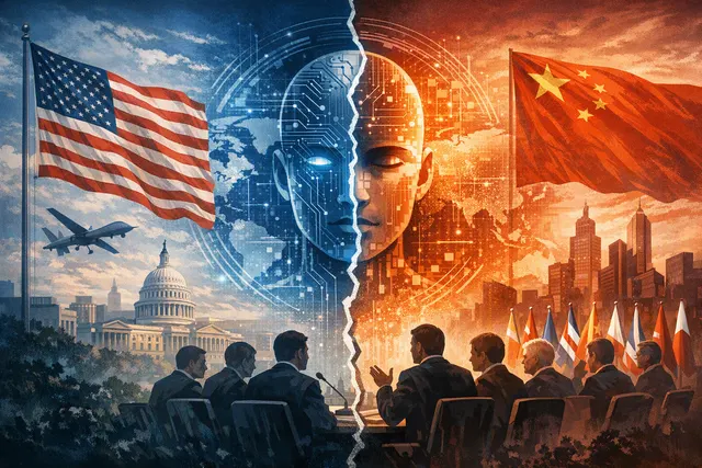 A conceptual illustration of a world map split between two AI-powered hemispheres, representing the U.S.-led Pax Silica and China-led WAICO blocs.