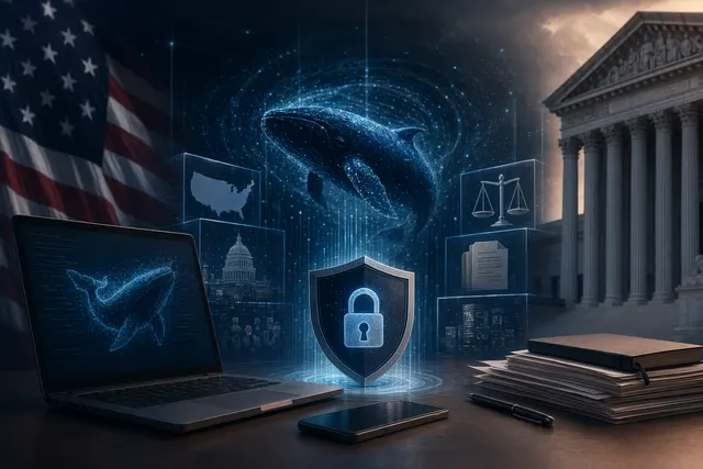 AI-generated illustration of a person weighing DeepSeek V4 privacy and work-device risks in the U.S.