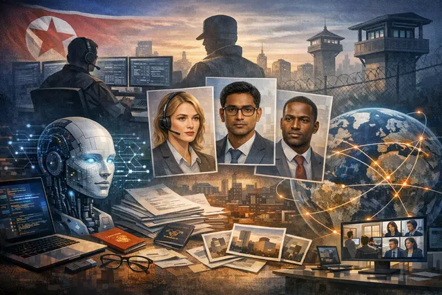 Editorial illustration of AI-generated identities being used to target remote employment