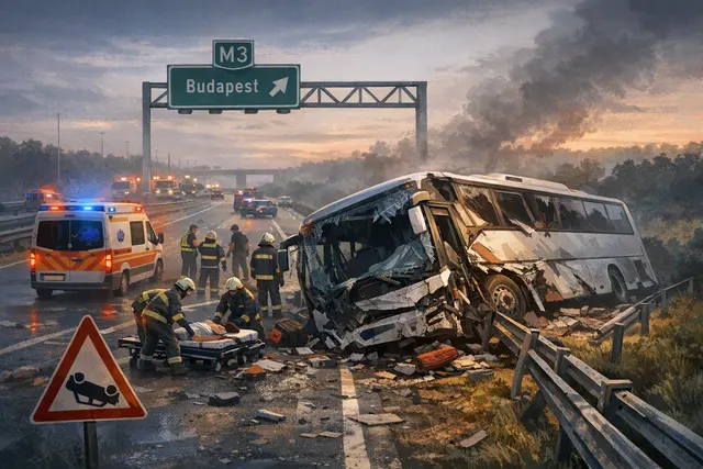 AI-generated visual of a bus crash scene on a motorway at night, with emergency vehicles and flashing lights near a ditch