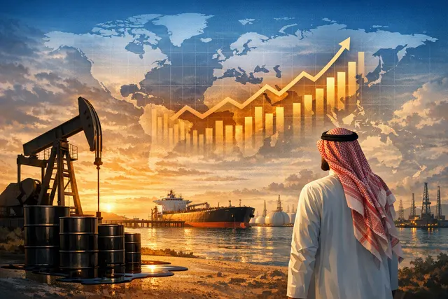 A stylized editorial illustration depicting an oil tanker navigating the Strait of Hormuz, with a backdrop of geopolitical tension represented by flags and military silhouettes, sy