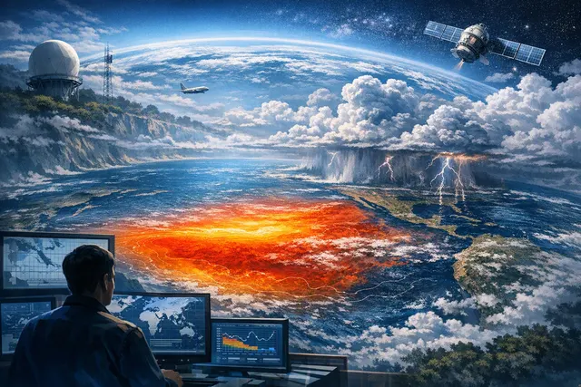 Editorial illustration of El Niño warming the tropical Pacific and affecting global weather patterns