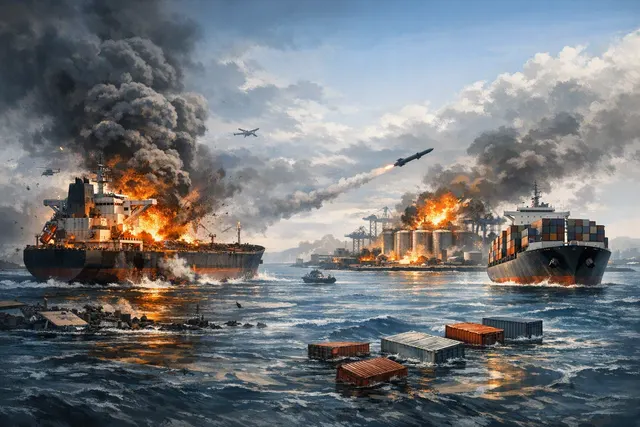 AI-generated image of a drone flying over a burning oil tanker at sea near a port, representing the Black Sea conflict and shadow fleet strikes.