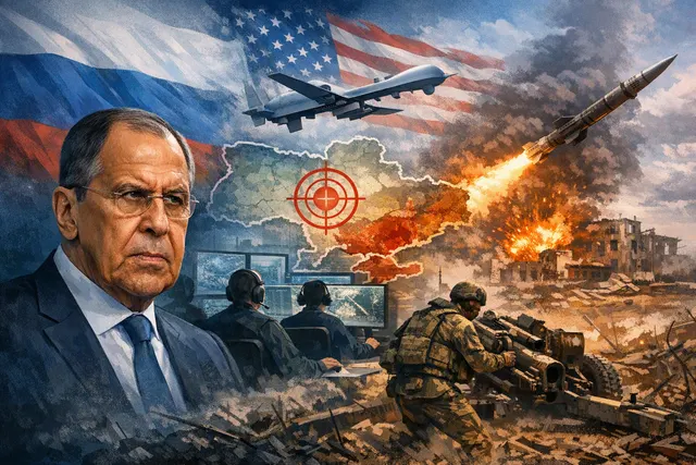 Russian Foreign Minister Sergei Lavrov at a press conference, with Russian and United States flags in the background, representing accusations of US involvement in Ukrainian strike