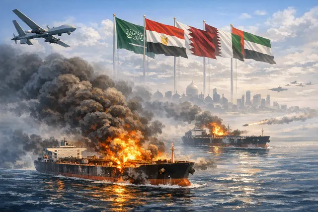 GCC, Egypt, Qatar, and Arab states condemn drone attack on two ADNOC tankers in Strait of Hormuz on August 14, 2026