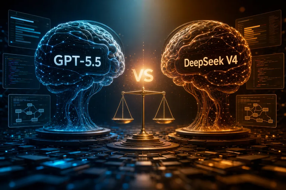 GPT-5.5 與 DeepSeek V4 基準測試、coding、agent 任務與價格比較的抽象科技視覺