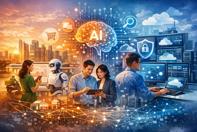Illustration of Singapore SMEs using AI tools and cybersecurity protections through the Digital Enterprise Blueprint
