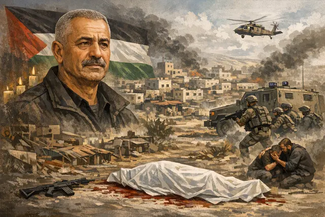 Illustrated editorial scene representing the disputed Israeli military raid in Jenin in which Fathi Khazem was killed