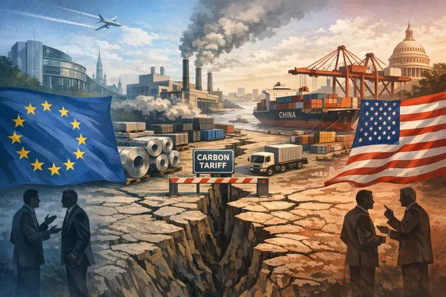 Illustration depicting a fractured EU-US flag, with trade barriers, tariffs, and a carbon tax symbol representing the CBAM dispute of 2026.
