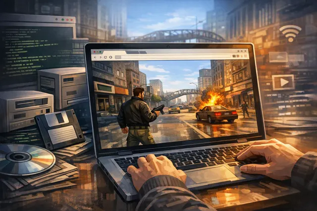 Browser-portable version of Grand Theft Auto III showing the game running in a web browser tab on a desktop monitor