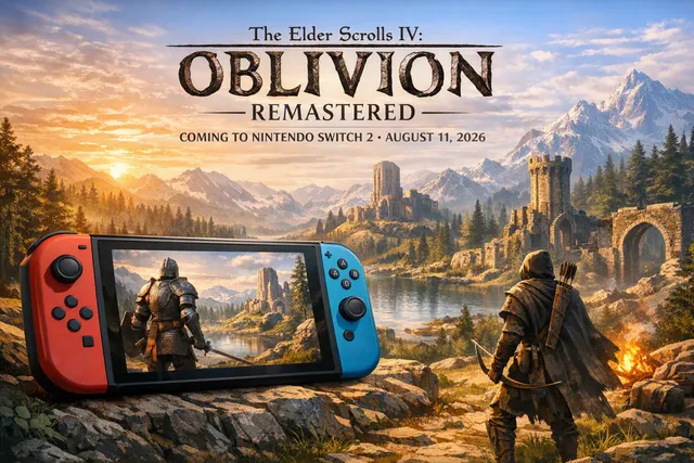 The Elder Scrolls IV: Oblivion Remastered promotional artwork on Nintendo Switch 2, featuring the game's iconic Imperial City architecture and fantasy landscape.