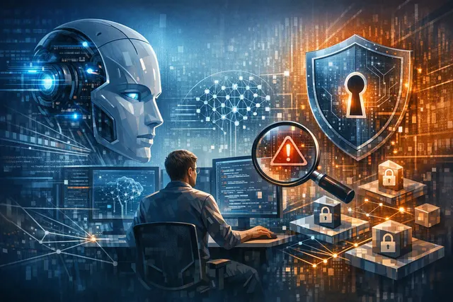 Abstract visualization of AI-generated code with a cybersecurity shield, representing the challenge of securing rapidly produced software changes.