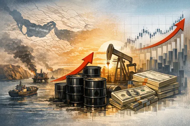 Editorial illustration of oil prices, rising bond yields and global stock-market volatility linked to Strait of Hormuz tensions