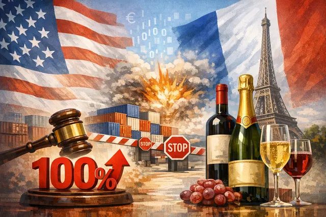 French wine and champagne bottles with a looming tariff threat symbol and G7 summit backdrop