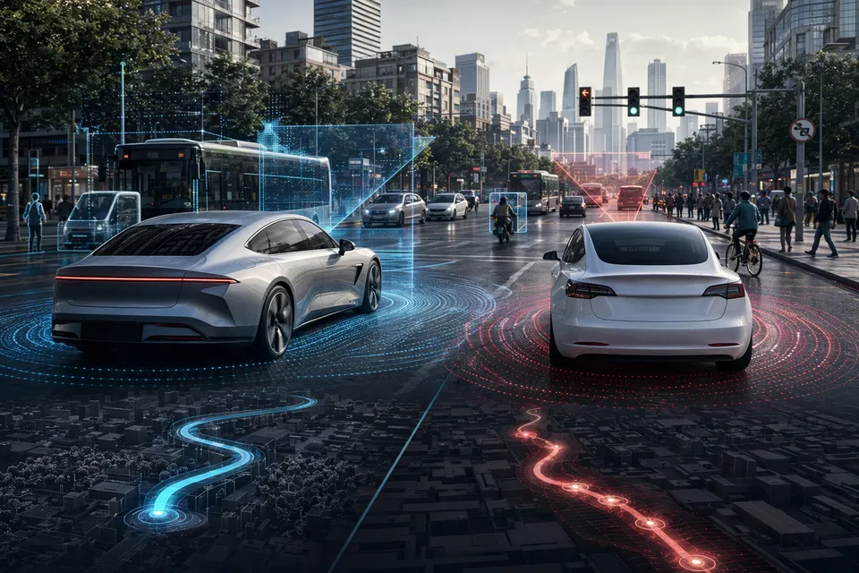 XPENG VLA 2.0 self-driving system compared with Tesla Full Self Driving on Chinese city streets