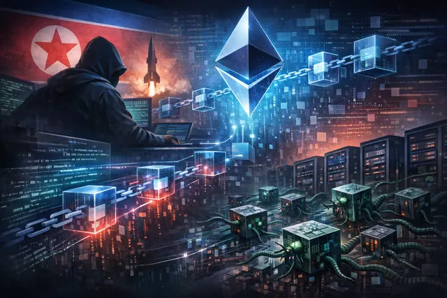 Digital illustration representing North Korean cyberattacks on the npm ecosystem using Ethereum blockchain techniques, showing code and network connections