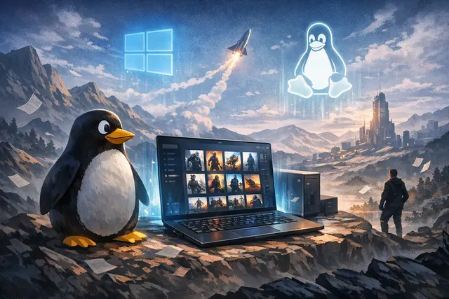 Conceptual illustration of the Epic Games Store coming to Linux on a gaming desktop and handheld