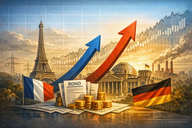 A chart showing rising European government bond yields with flags of France and Germany, with upward trend lines and percentage values indicating multi-year highs reached in August