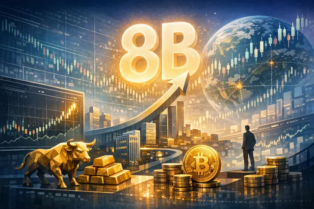 Ondo Perps dashboard showing $8 billion cumulative trading volume milestone with tokenized stocks, gold, and silver collateral visualization