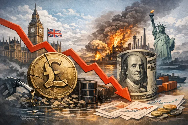 A bearish GBP/USD chart with a crumbling British pound symbol and a strengthening US dollar, overlaid with energy crisis and political turmoil visuals.