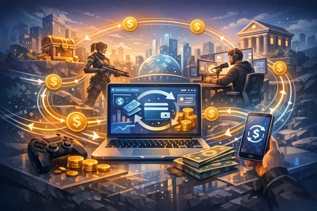 Illustration of embedded financial infrastructure connecting game players, creators, rewards and payouts